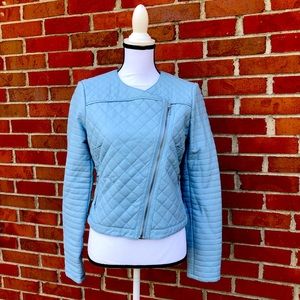 INC International Concepts Asymetrical Zip Up Sky Blue Faux Leather Jacket Small